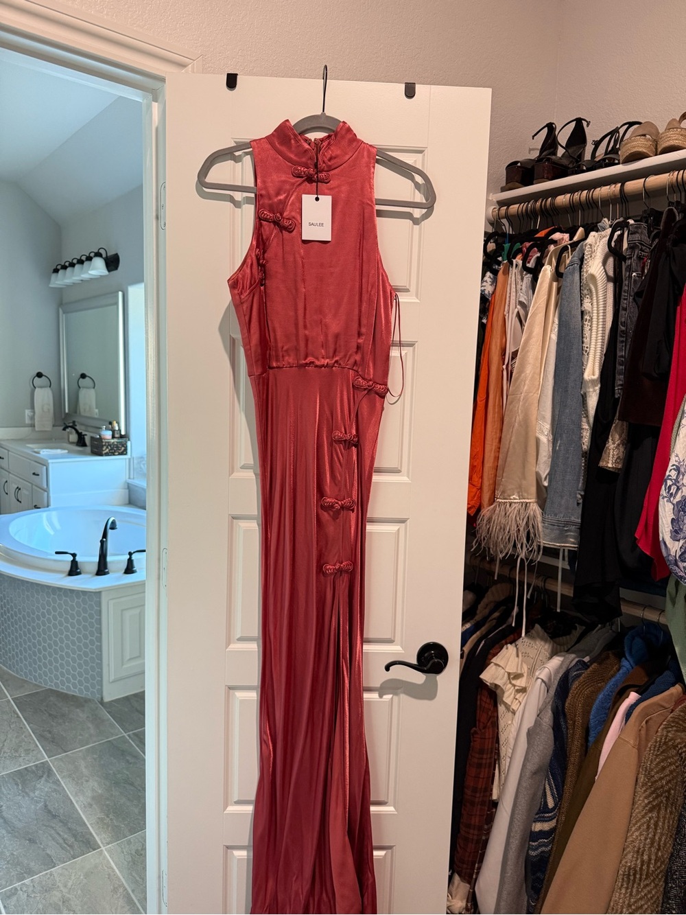 Satin High-Neck Rose Evening Gown with Side Slit - Picture 3 of 4
